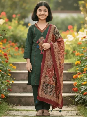 Girls Pure Cotton Kurta Pant Set with Kalamkari Dupatta – Traditional Kids Ethnic Wear