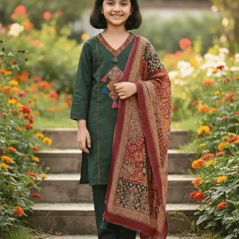 Girls Pure Cotton Kurta Pant Set with Kalamkari Dupatta – Traditional Kids Ethnic Wear
