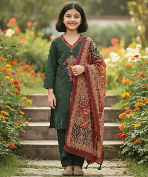 Girls Pure Cotton Kurta Pant Set with Kalamkari Dupatta – Traditional Kids Ethnic Wear