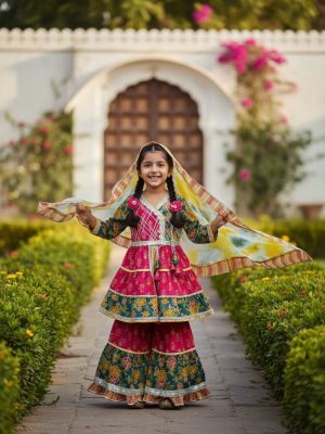 Kids Angrakha-Style Multi-Layer Block Prints Gharara Suit with Multicolor Dupatta – Festive Kids Ethnic Wear