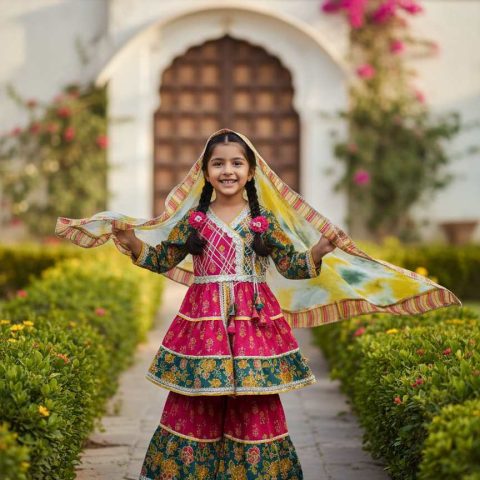 Kids Angrakha-Style Multi-Layer Block Prints Gharara Suit with Multicolor Dupatta – Festive Kids Ethnic Wear