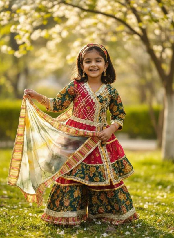 Kids Angrakha-Style Multi-Layer Block Prints Gharara Suit with Multicolor Dupatta – Festive Kids Ethnic Wear