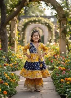 Girls Yellow-Blue Floral Cotton Angrakha Kurta and Sharara Suit Set – Festive Kids Ethnic Wear