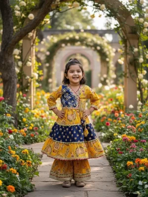 Girls Yellow-Blue Floral Cotton Angrakha Kurta and Sharara Suit Set – Festive Kids Ethnic Wear