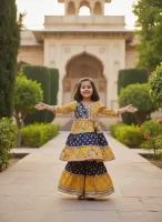 Girls Yellow-Blue Floral Cotton Angrakha Kurta and Sharara Suit Set – Festive Kids Ethnic Wear