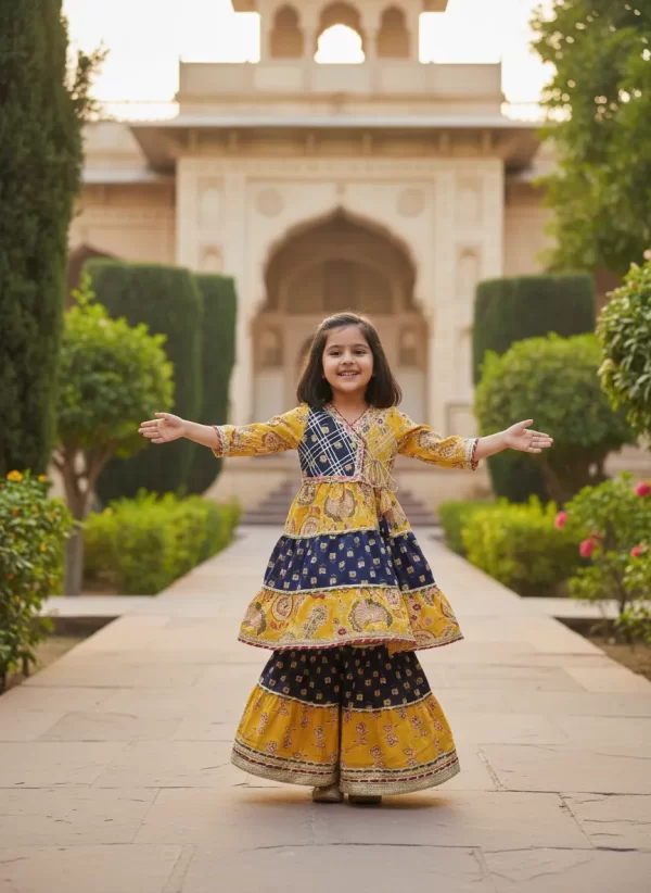 Girls Yellow-Blue Floral Cotton Angrakha Kurta and Sharara Suit Set – Festive Kids Ethnic Wear