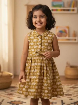 Kids' Hand-Block Elephant Print Cotton Frock | Stylish Mustard Yellow Printed Dress for Girls