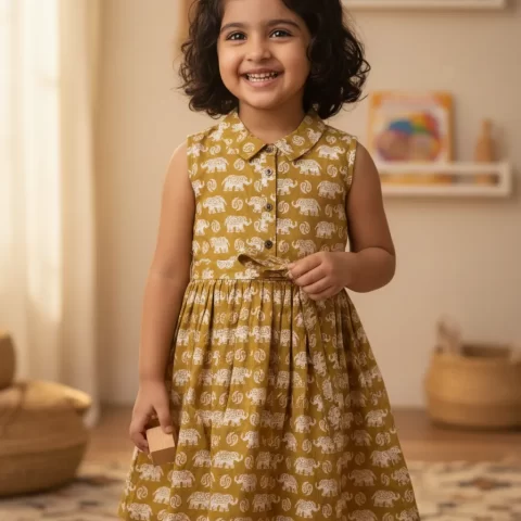 Kids' Hand-Block Elephant Print Cotton Frock | Stylish Mustard Yellow Printed Dress for Girls