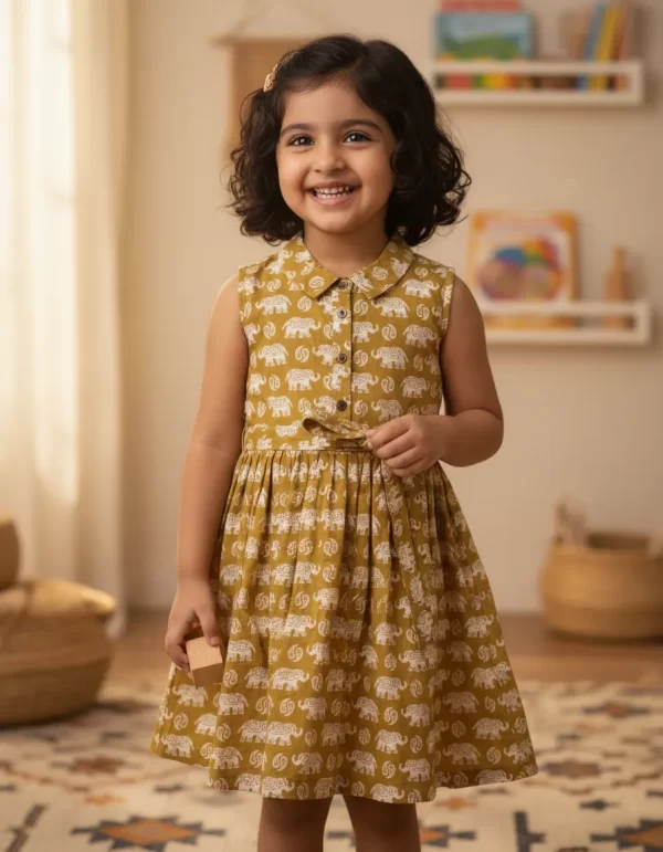 Kids' Hand-Block Elephant Print Cotton Frock | Stylish Mustard Yellow Printed Dress for Girls