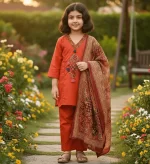 Girls Pure Rust Cotton Kurta Pant Set with Kalamkari Dupatta – Traditional Kids Ethnic Wear