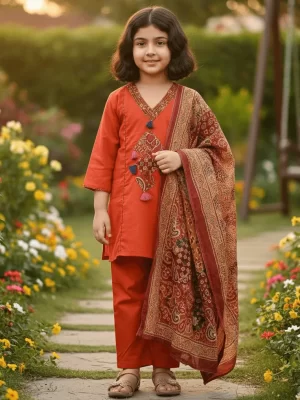 Girls Pure Rust Cotton Kurta Pant Set with Kalamkari Dupatta – Traditional Kids Ethnic Wear