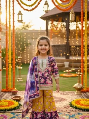 Girls Premium Lotus Print Sharara Suit with Dupatta | Gota Patti Embroidered Kurta and Tiered Sharara Set | 3-Piece Traditional Ethnic Suit