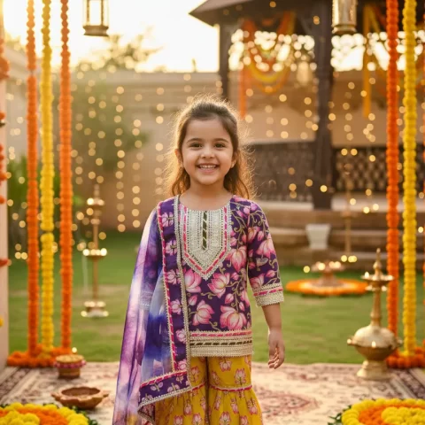 Girls Premium Lotus Print Sharara Suit with Dupatta | Gota Patti Embroidered Kurta and Tiered Sharara Set | 3-Piece Traditional Ethnic Suit