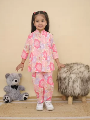 Girls Pink Floral Printed Cotton Co-ord Set – Casual Pintuck Tunic and Lounge Pants Nightsuit