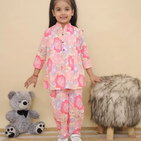 Girls Pink Floral Printed Cotton Co-ord Set – Casual Pintuck Tunic and Lounge Pants Nightsuit