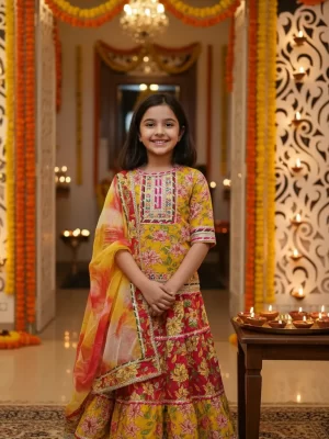 Girls Red and Yellow Floral Lehenga Choli Set with Tie-Dye Dupatta – Kids Festive Ethnic Wear