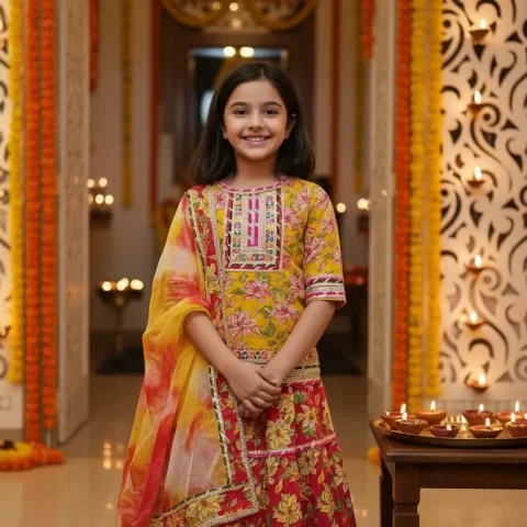 Girls Red and Yellow Floral Lehenga Choli Set with Tie-Dye Dupatta – Kids Festive Ethnic Wear