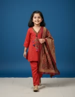 Girls Pure Rust Cotton Kurta Pant Set with Kalamkari Dupatta – Traditional Kids Ethnic Wear