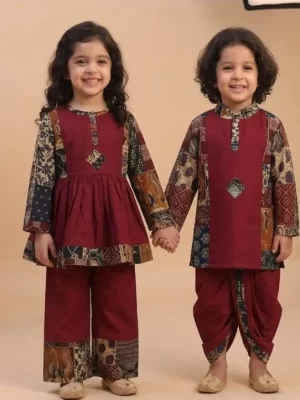 Festive Sibling Collection – Patchwork Peplum Palazzo & Kurta Dhoti Set | Brother & Sister Coordinated Patchwork Traditional Wear