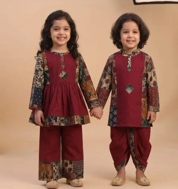 Festive Sibling Collection – Patchwork Peplum Palazzo & Kurta Dhoti Set | Brother & Sister Coordinated Patchwork Traditional Wear