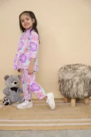 Girls Violet Floral Printed Cotton Co-ord Set – Casual Pintuck Tunic and Lounge Pants Nightsuit