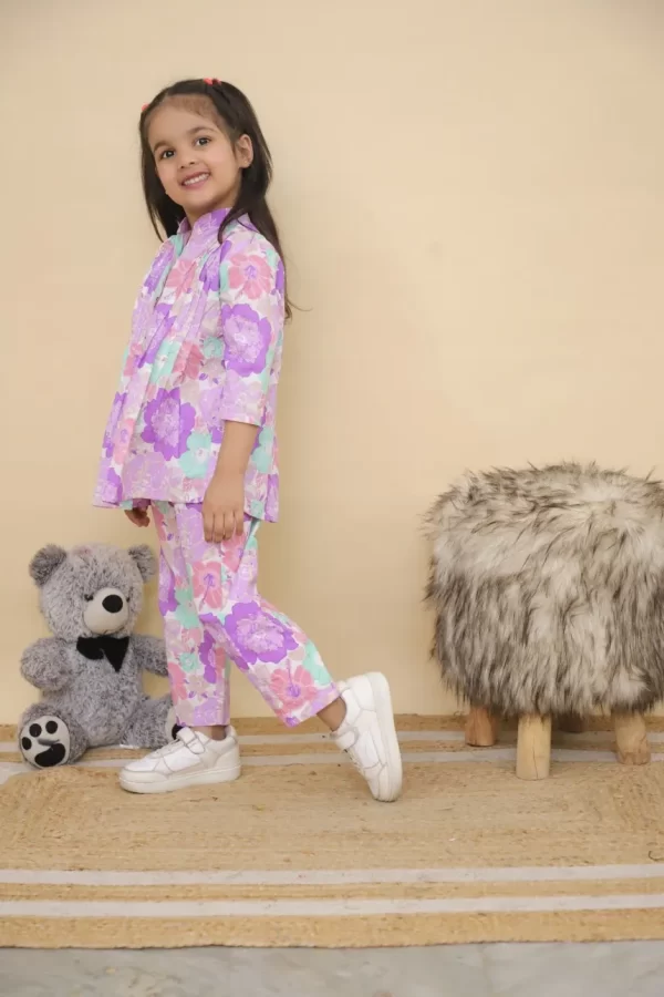 Girls Violet Floral Printed Cotton Co-ord Set – Casual Pintuck Tunic and Lounge Pants Nightsuit