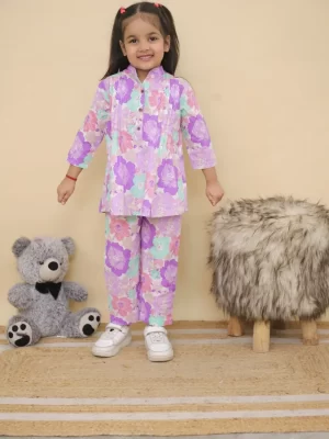 Girls Violet Floral Printed Cotton Co-ord Set – Casual Pintuck Tunic and Lounge Pants Nightsuit