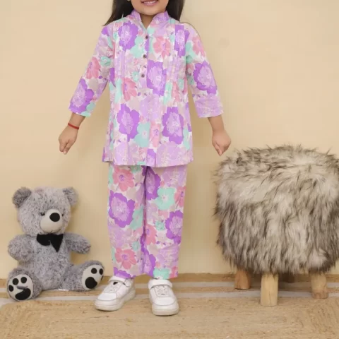 Girls Violet Floral Printed Cotton Co-ord Set – Casual Pintuck Tunic and Lounge Pants Nightsuit