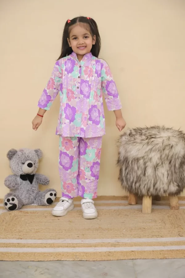 Girls Violet Floral Printed Cotton Co-ord Set – Casual Pintuck Tunic and Lounge Pants Nightsuit