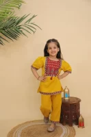 Girls Mustard Yellow Traditional Printed Peplum Kurta and Pant | Designer Ethnic Suit | Puff Sleeve Kurti & Pants | Kids Party Wear