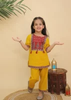 Girls Mustard Yellow Traditional Printed Peplum Kurta and Pant | Designer Ethnic Suit | Puff Sleeve Kurti & Pants | Kids Party Wear