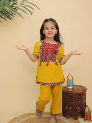 Girls Mustard Yellow Traditional Printed Peplum Kurta and Pant | Designer Ethnic Suit | Puff Sleeve Kurti & Pants | Kids Party Wear