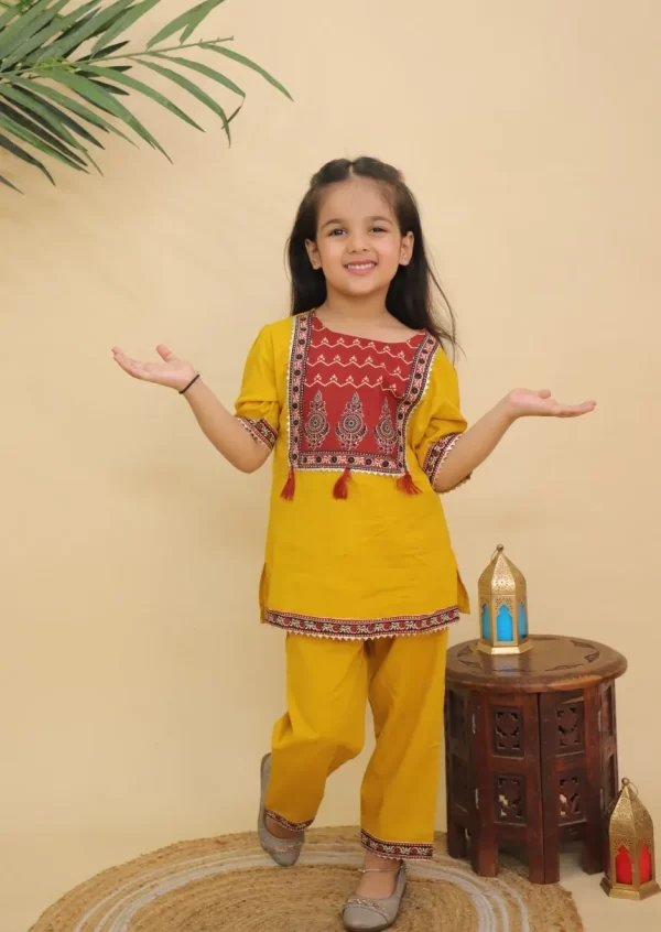 Girls Mustard Yellow Traditional Printed Peplum Kurta and Pant | Designer Ethnic Suit | Puff Sleeve Kurti & Pants | Kids Party Wear