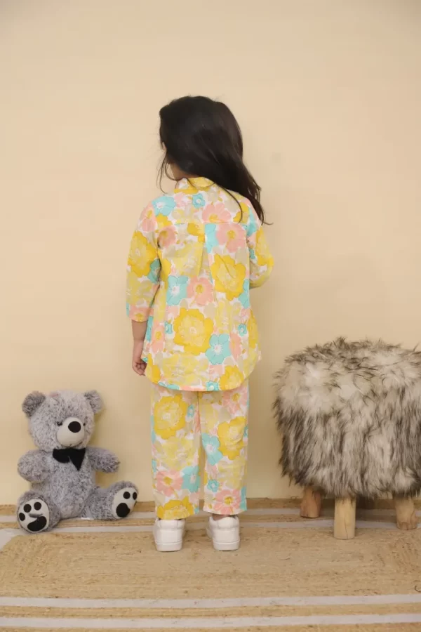 Girls Yellow Floral Printed Cotton Co-ord Set – Casual Pintuck Tunic and Lounge Pants Nightsuit