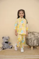 Girls Yellow Floral Printed Cotton Co-ord Set – Casual Pintuck Tunic and Lounge Pants Nightsuit
