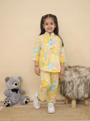 Girls Yellow Floral Printed Cotton Co-ord Set – Casual Pintuck Tunic and Lounge Pants Nightsuit