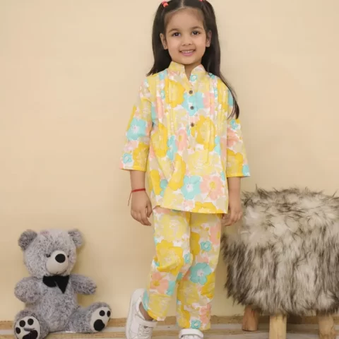 Girls Yellow Floral Printed Cotton Co-ord Set – Casual Pintuck Tunic and Lounge Pants Nightsuit