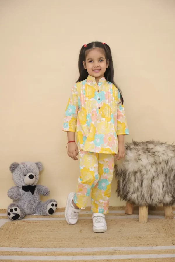 Girls Yellow Floral Printed Cotton Co-ord Set – Casual Pintuck Tunic and Lounge Pants Nightsuit